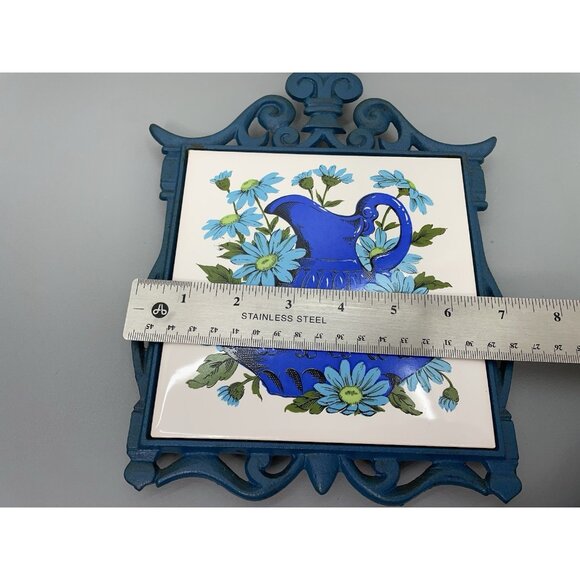 Vintage FM Trivet Cast Metal Ceramic Tile Hot Plate Floral Blue Made in Japan - Picture 6 of 6